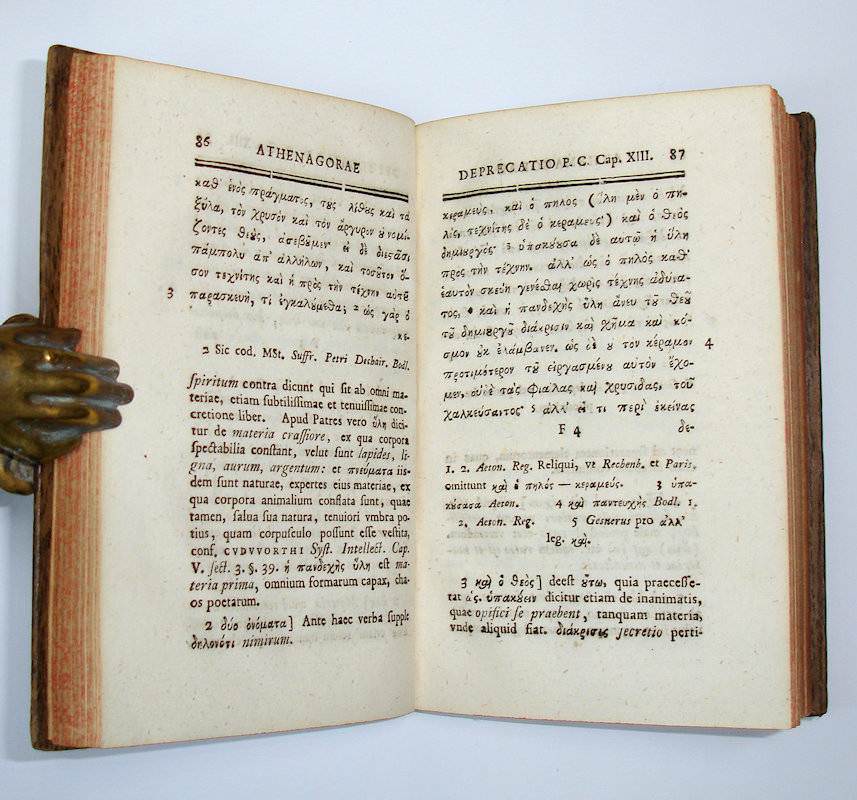 Sancti Athenagorae Atheniensis Philosophi Deprecationem (vulgo Legationem) pro Christianis. Edidit M. Io.Gottlieb Lindner, rector Scholae Arnstadiensis. (Bound with:) HERMIOU PHILOSOPHOU DIASURMOS TÔN EXÔ PHILOSOPHÔN. Hermiae Philosophi Gentilium Philosophorum Irrisio. Cum adnotationibus Hier. Wolfii, Thomae Galei, Wilh. Worthii suisque. Graece in usum praelectionum separatim edidit Jo. Christoph. Dommerich, dialect. et philosoph. primae professor P.O. in Academia Helmstadiensi. - Afbeelding 3